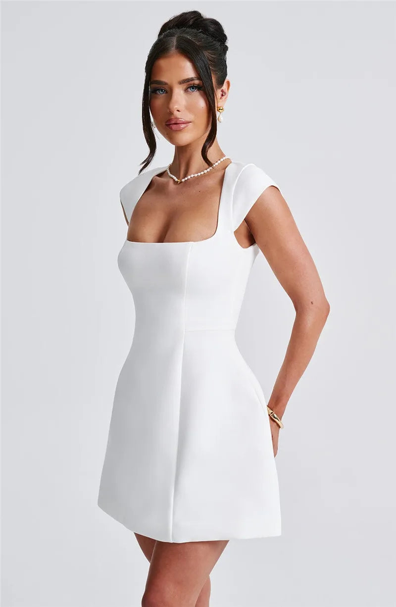 Moz Square Collar Short Sleeve A-line Loose High Waist Elegant Mini Dress