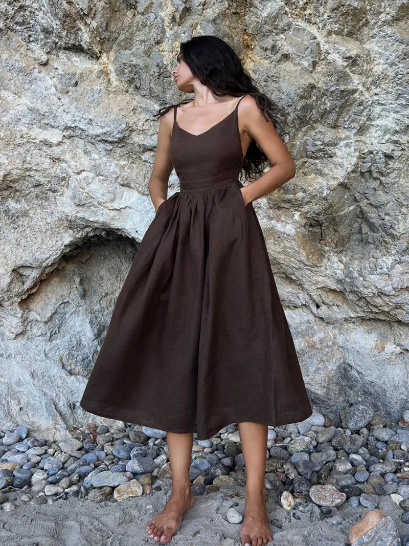 Tara Backless V Neck Splice Folds Long Dresses