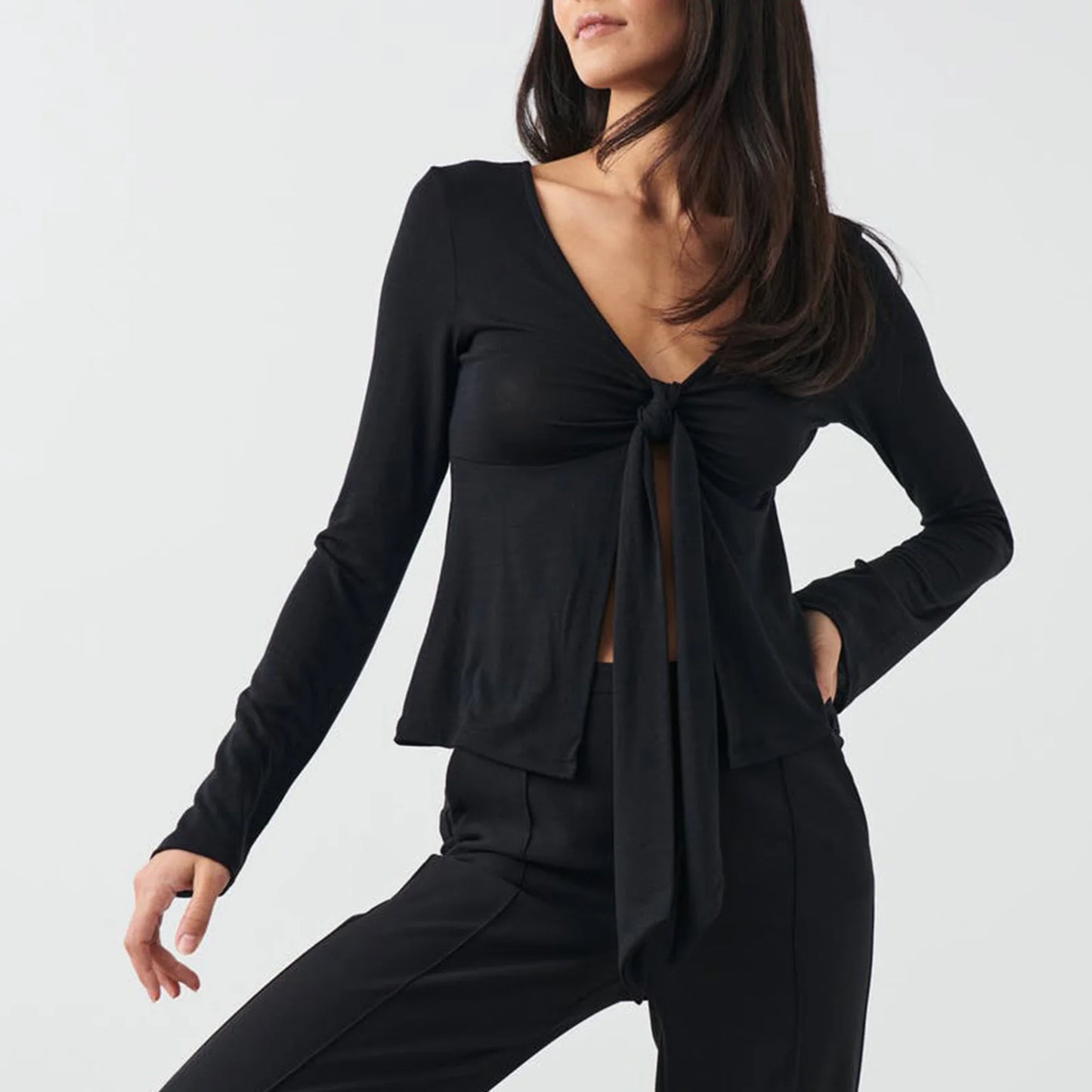Comb Y2K Vintage Slim Fit Tops Long Sleeve Twist Tied V Neck Front Split