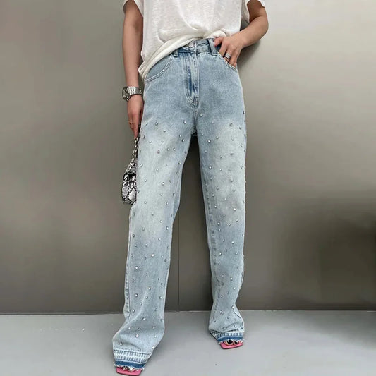 BK Wide Leg High Waist Straight Diamond Rhinestone Baggy Denim