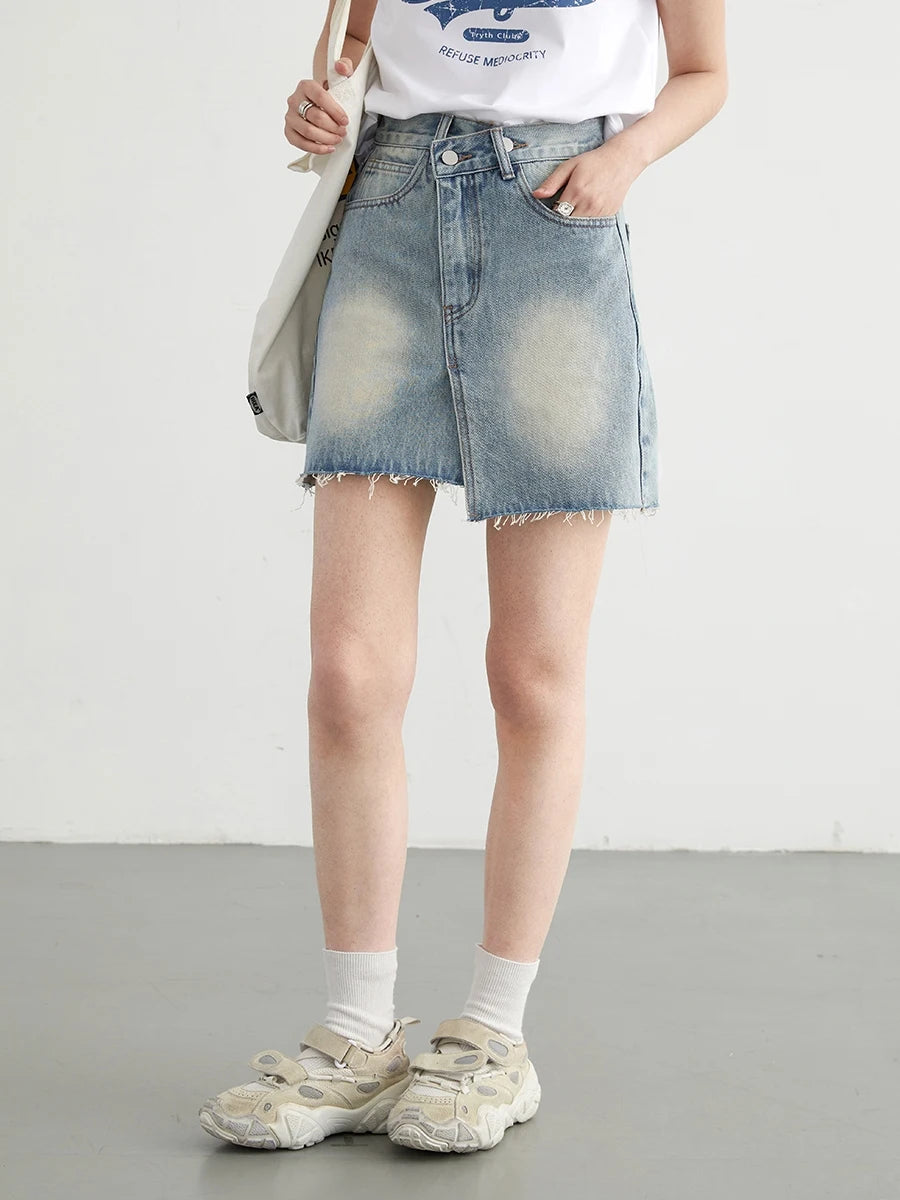 Martha Cotton Asymmetric Placket Raw Edge Denim Skirt