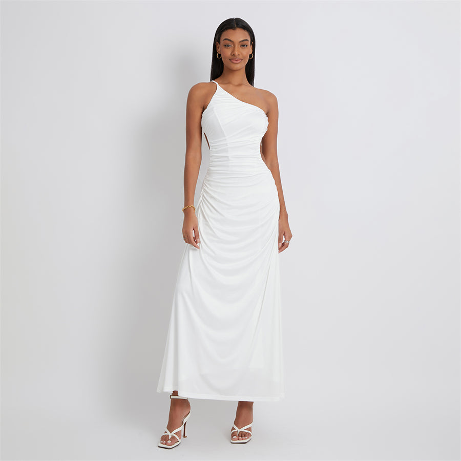 BG White Backless Long Dress One-Shoulder Suspender Flowy Hem