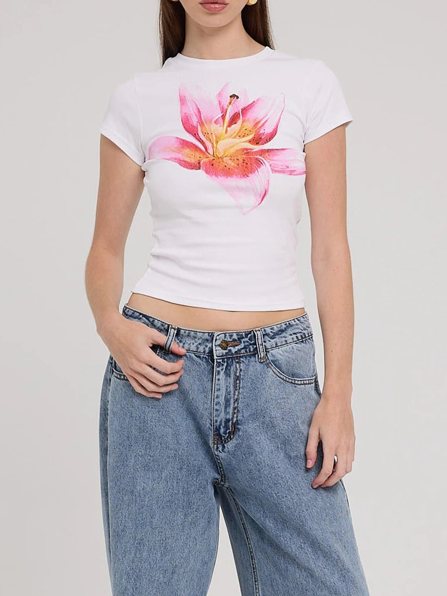 Lala Y2K Cropped Tee Tops Short Sleeve Crewneck Aesthetic Flower T-Shirt