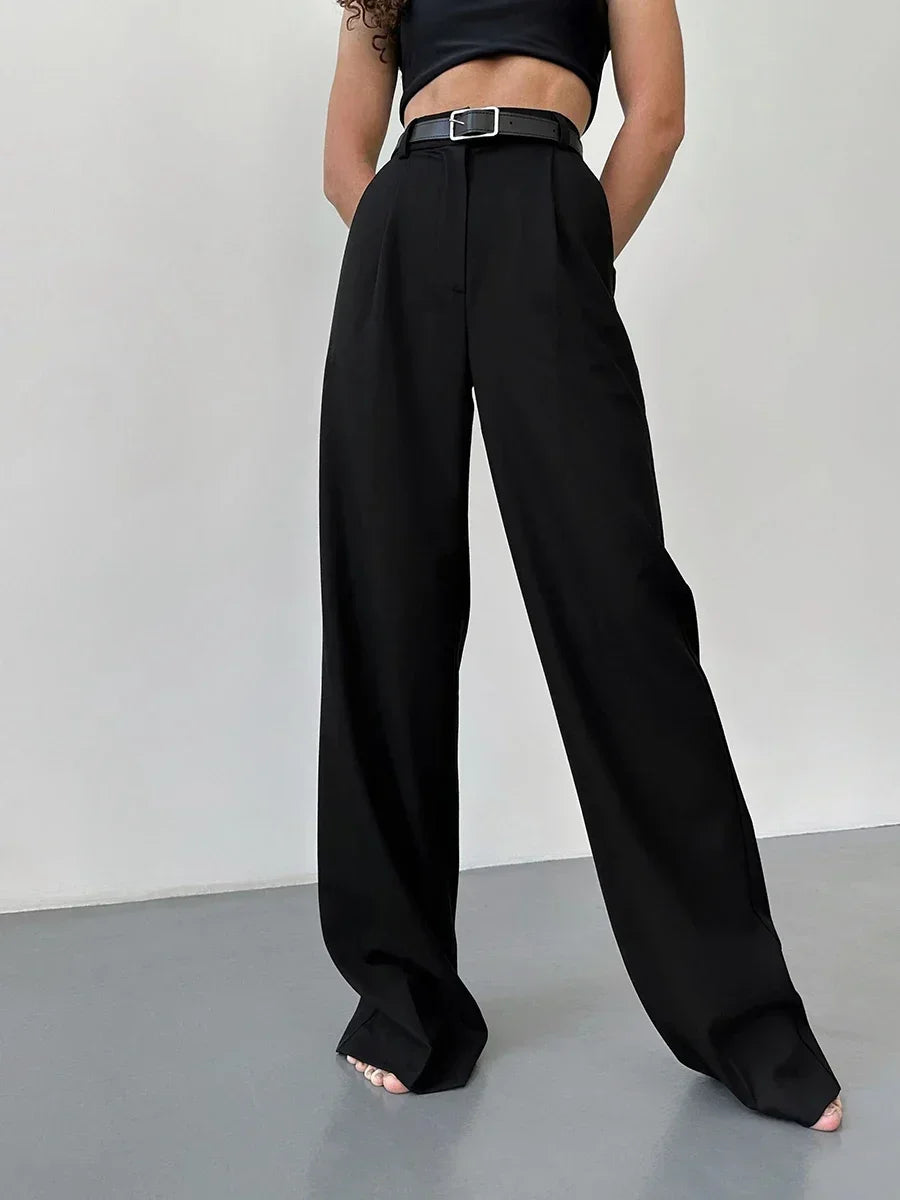 Wolf Full Length Trousers High Waist Pants Pockets Pleated Wide Leg