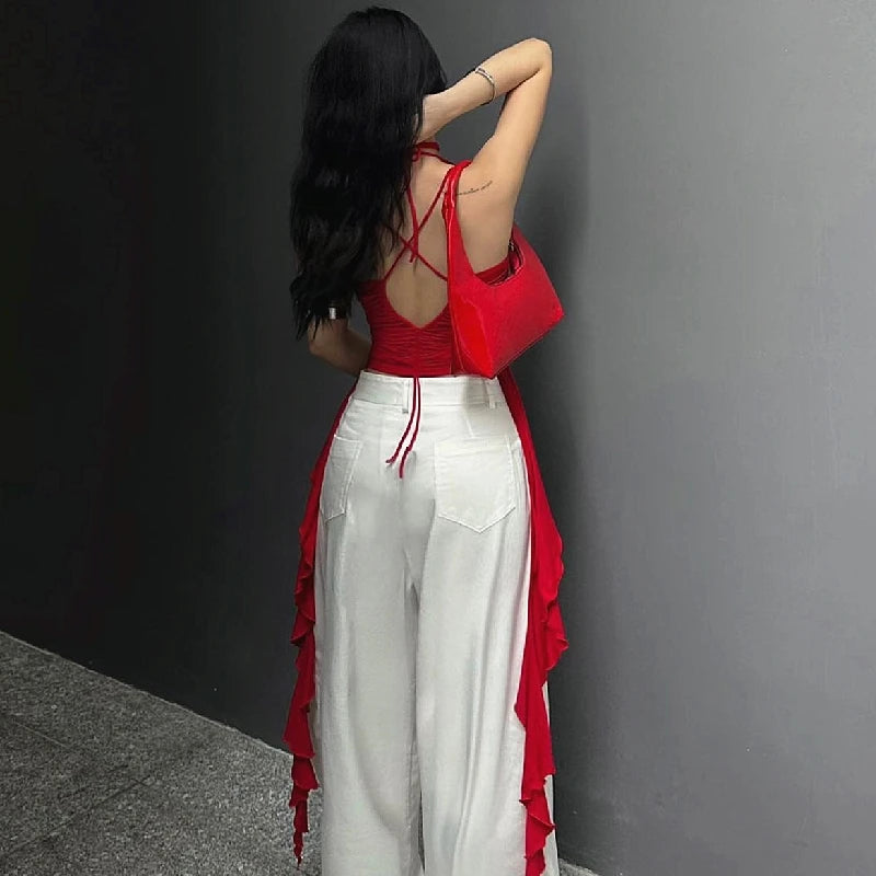 BC Mery Casual Off Shoulder Y2K 3d Floral Sleeveless Ruffle Halter Top