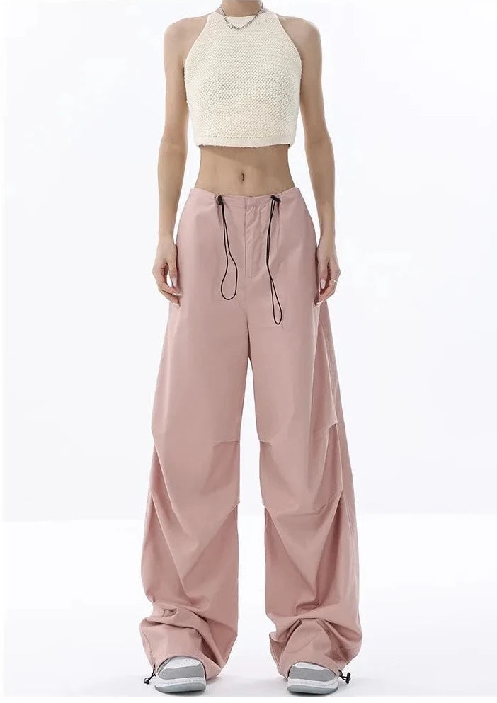 High Waist Drawstring Long Wide Leg Trousers