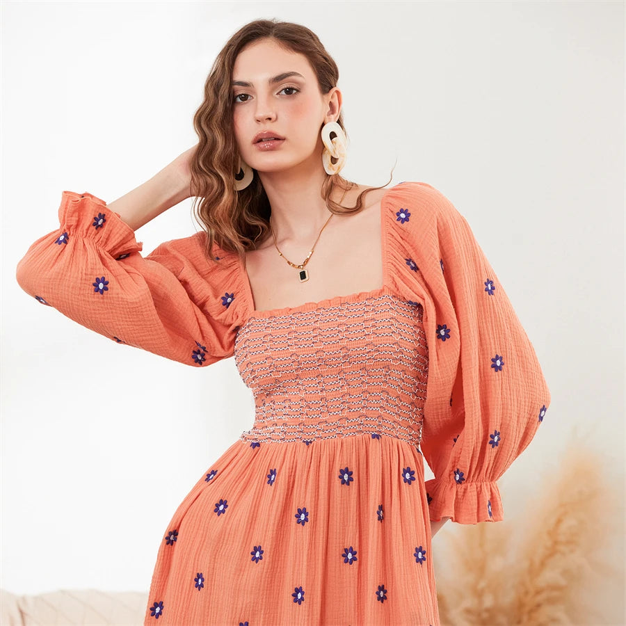 Tasha Retro Embroidered Flowers Flowy Long Puff Sleeve Square Neck Smocked A-Line Dress