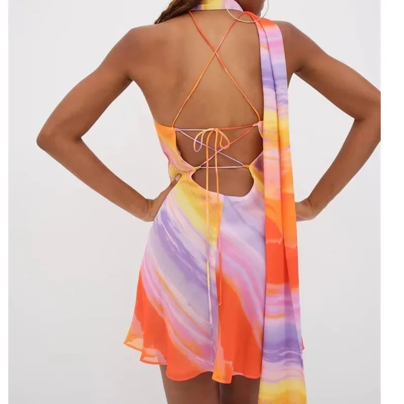 Samy Halter Collar Tie-dye print Cross lacing up Bow Backless Dress