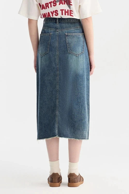 Denim Skirt With High Slit And Straight-Cut Skirt