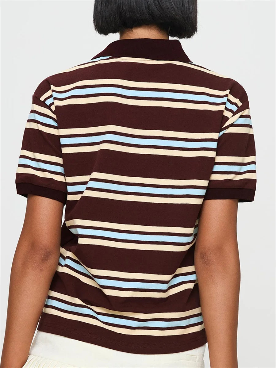 Bia Casual Striped Print Lapel Short Sleeve T-shirt