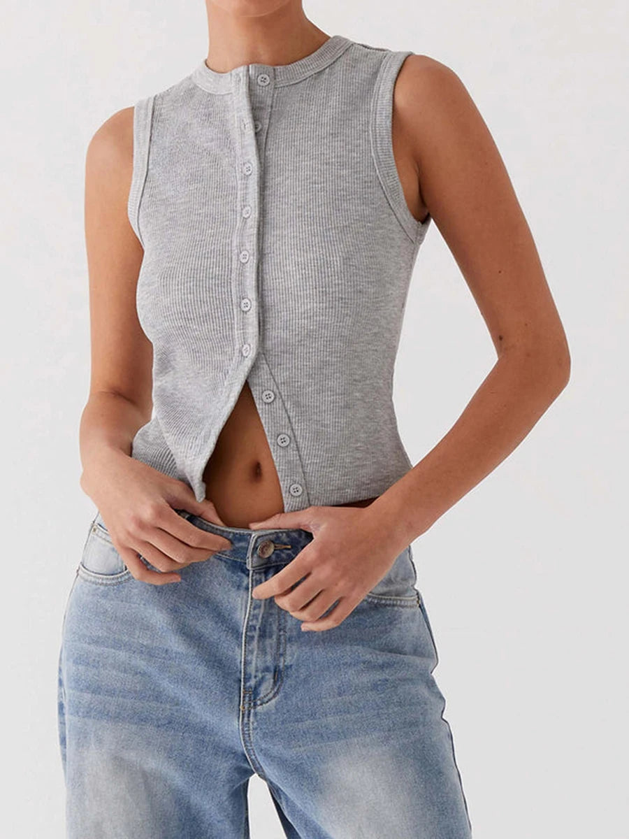 Vintage Ribbed Button Tank Tops Sleeveless Aesthetic Crop Top