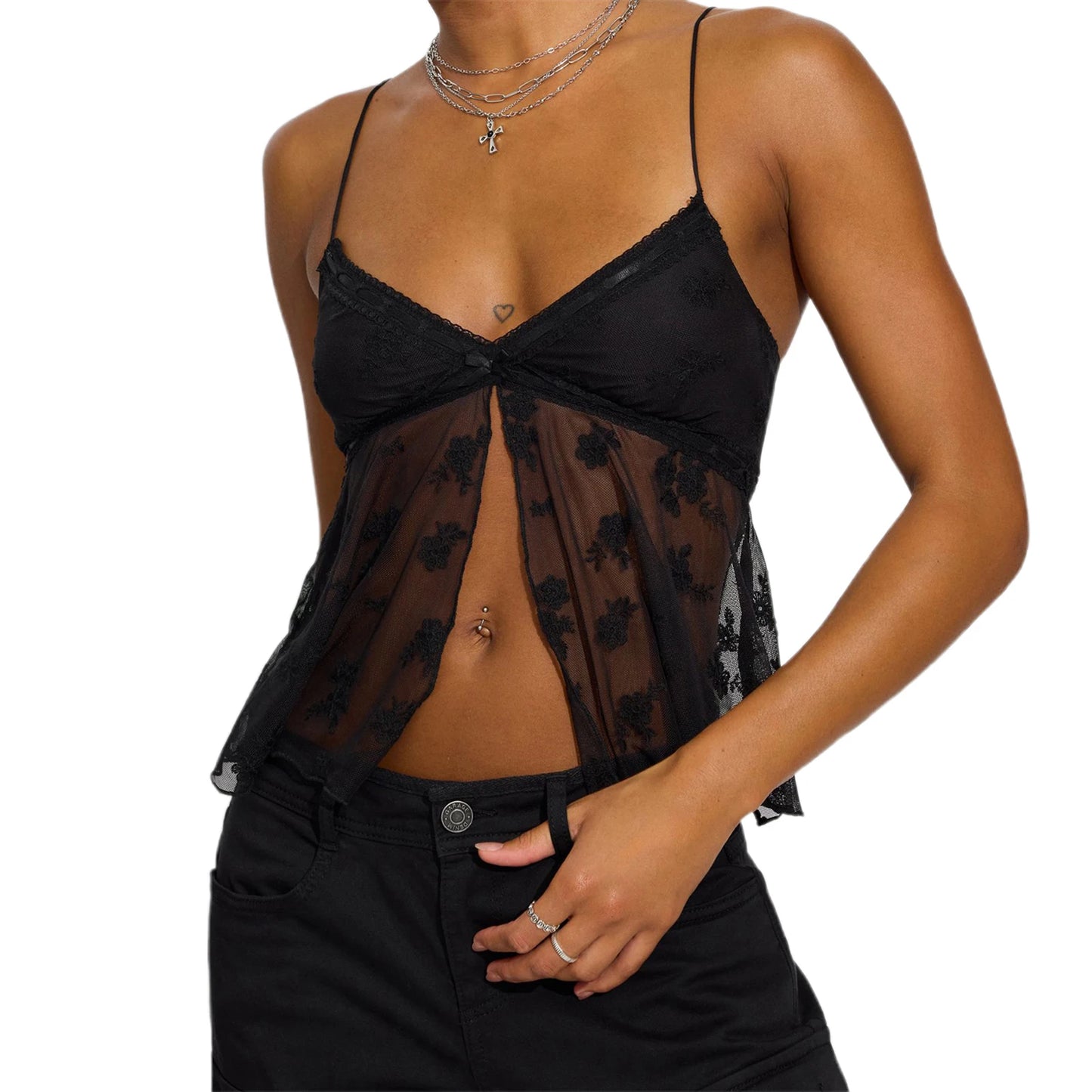 BC Sleeveless V Neck Floral Embroidery Mesh Cami Lace Trim Tank Top