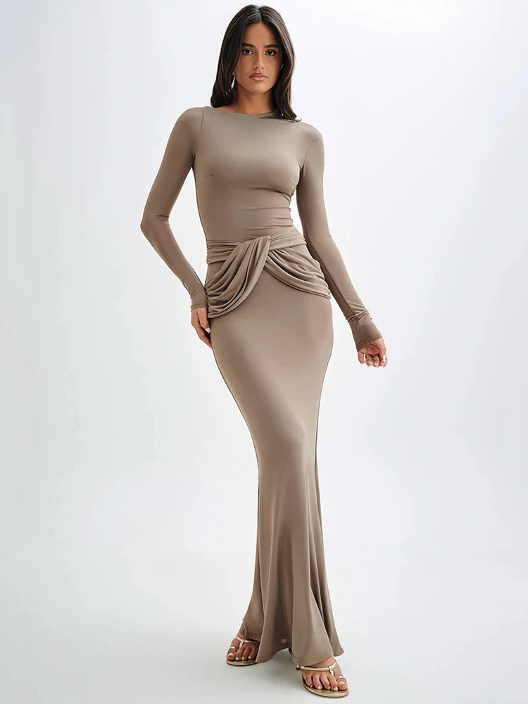 Moz Diagonal Collar Long Sleeve High Waist Ruched Long Dress