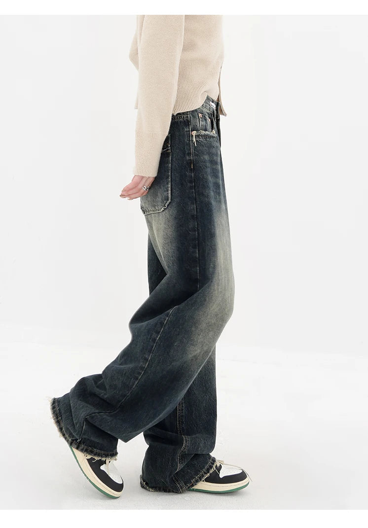 Hara Retro High Waist Loose Wide Leg Straight Loose Denim