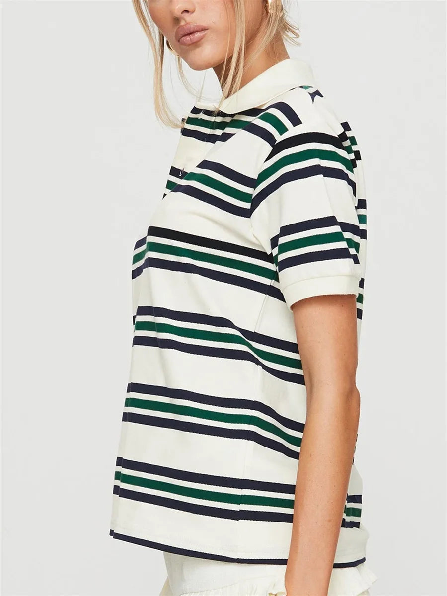 Bia Casual Striped Print Lapel Short Sleeve T-shirt