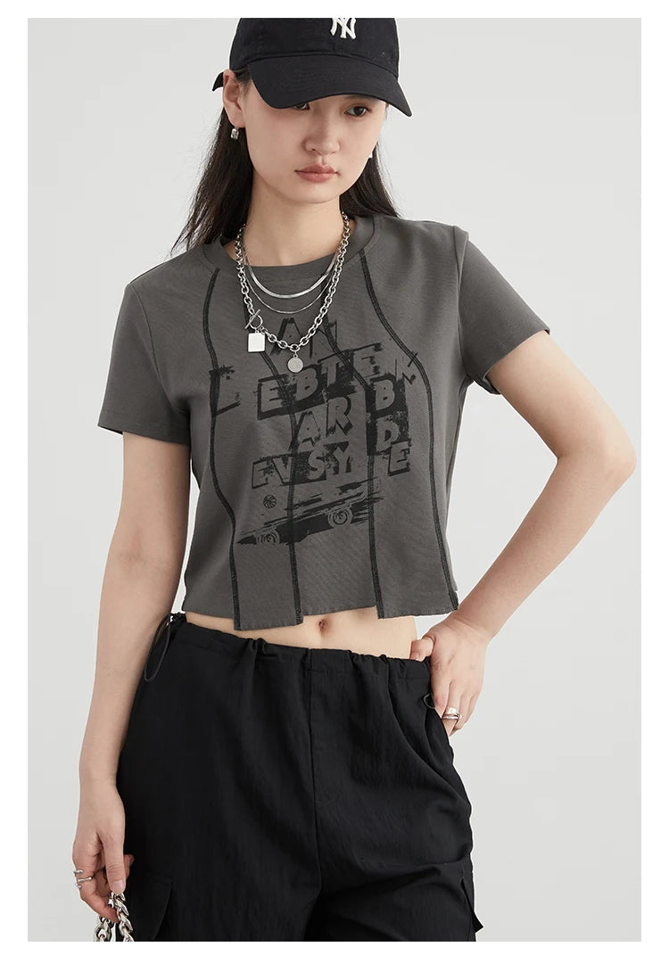Elsy Slim Irregular Segmentation Letter Printed Short Sleeved T-Shirt