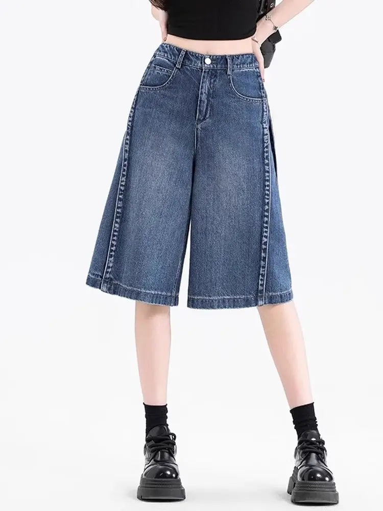 Kimich High Waist Five-Quarter Thin Denim Wide Leg