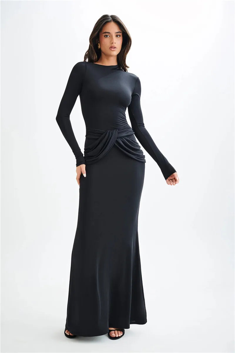 Moz Diagonal Collar Long Sleeve High Waist Ruched Long Dress