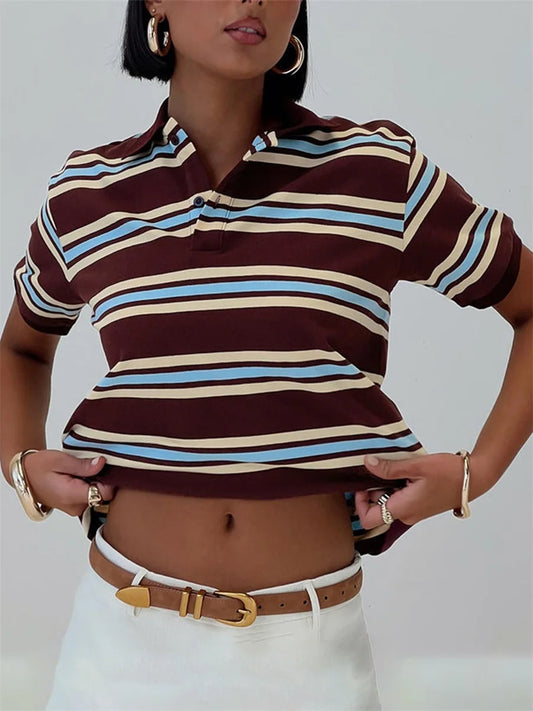 Bia Casual Striped Print Lapel Short Sleeve T-shirt