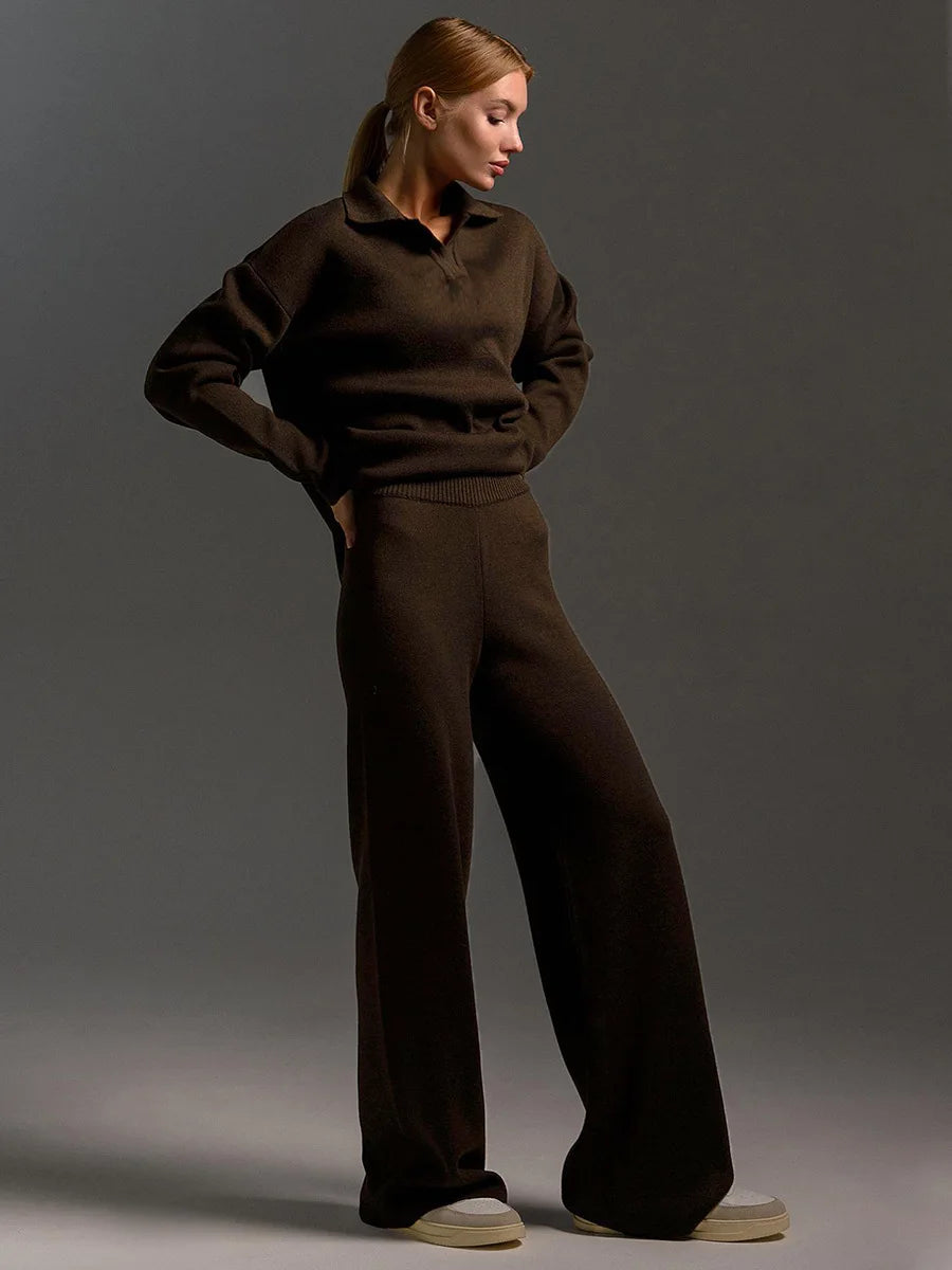 Bony Knitted Suits Soft Sets Polo Neck Sweater & Wide Leg Pants