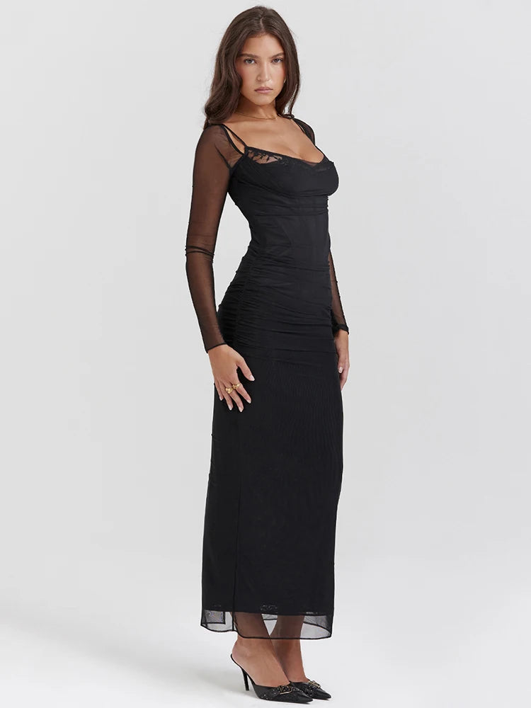 Molla Elegant Sheer Long Sleeve  Mesh Black Strapless Backless Dress