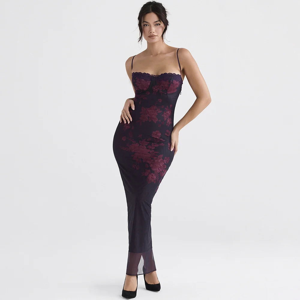 Mozi Purple Print Long Fishtail Dress Strap Sleeveless