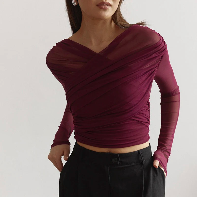 BG Cross Neck Crop Top Mesh
See-Through Pleated Long Sleeve