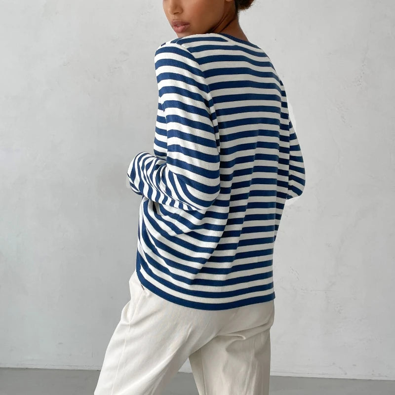 BC Knitted Stripe Loose Pullovers Warm Long-sleeved Round Neck Tops
