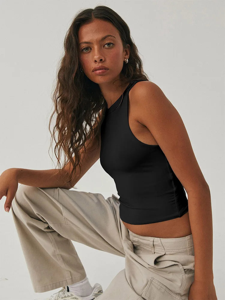 Sorina Sleeveless Tight Bottomed Shirt With Round Neck Racerback Top