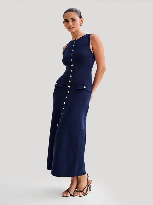 Knitted Breasted Long Dress Sleeveless O Neck Button