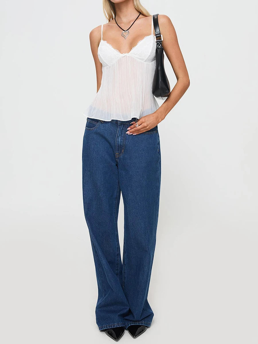 Drew Pleated Cami Mini Bowknot Front Spaghetti Strap V-Neck Lace Cropped Tops