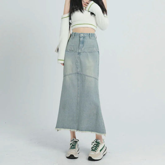 Farly Vintage Denim Skirt High Waist Ankle-Length Skirt