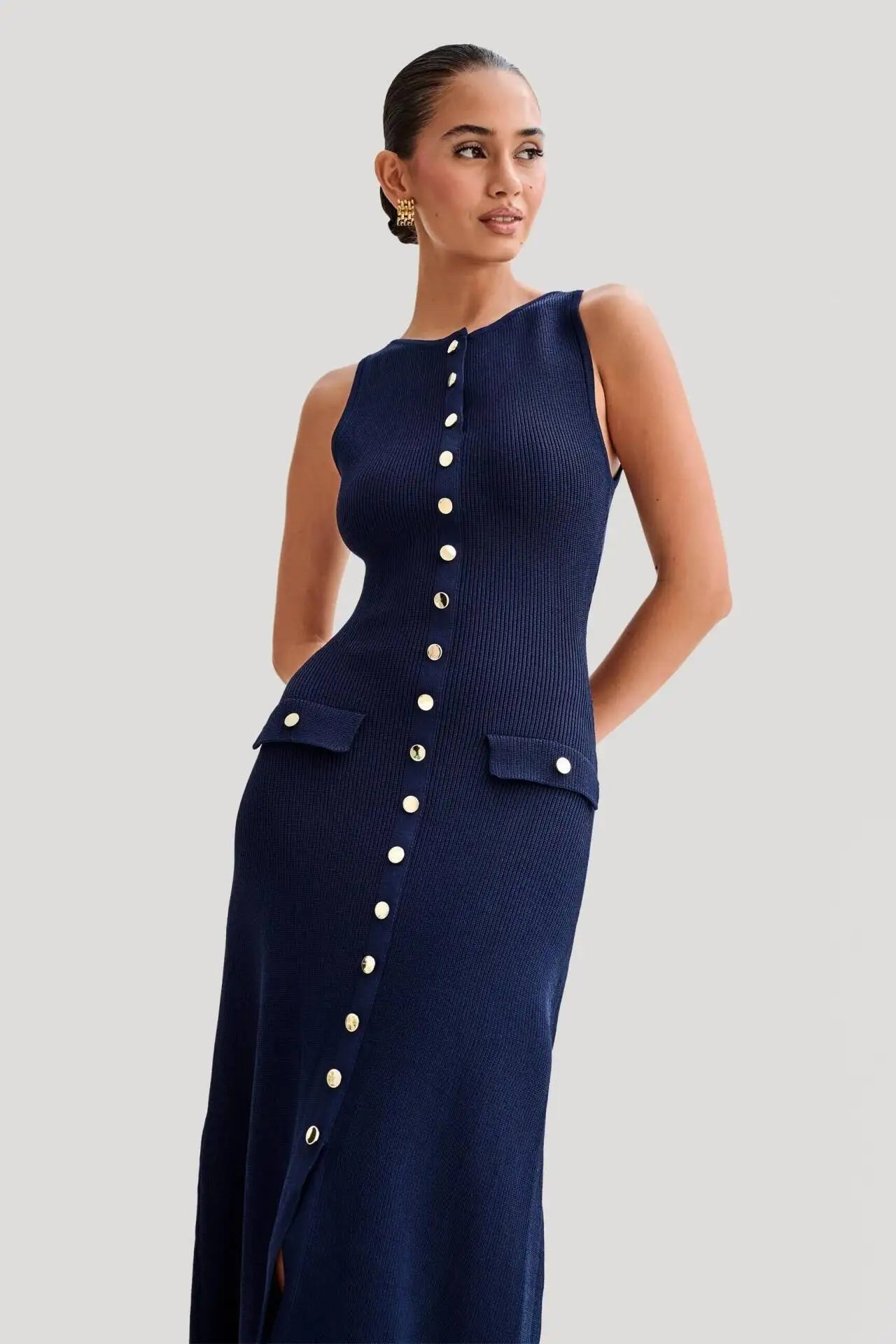 Knitted Breasted Long Dress Sleeveless O Neck Button