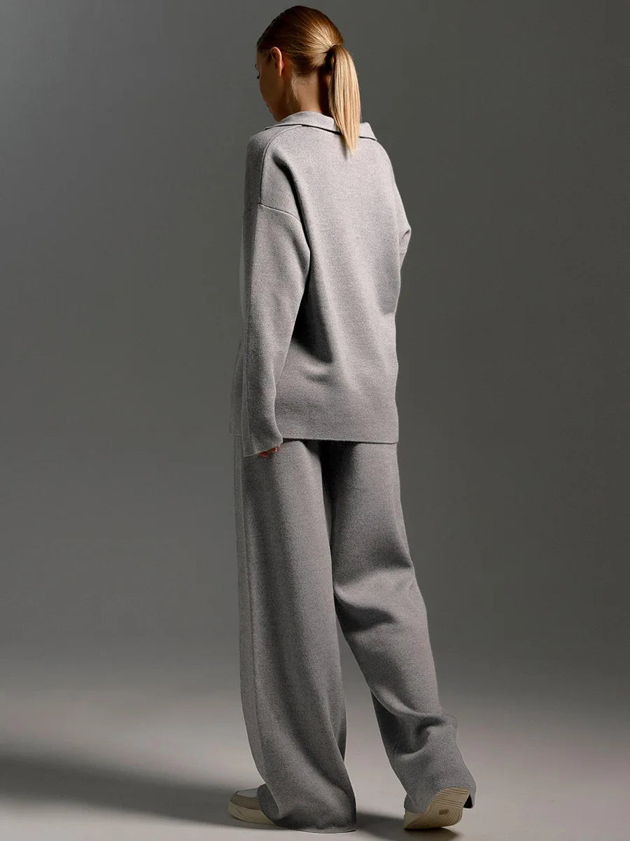 Bony Knitted Suits Soft Sets Polo Neck Sweater & Wide Leg Pants