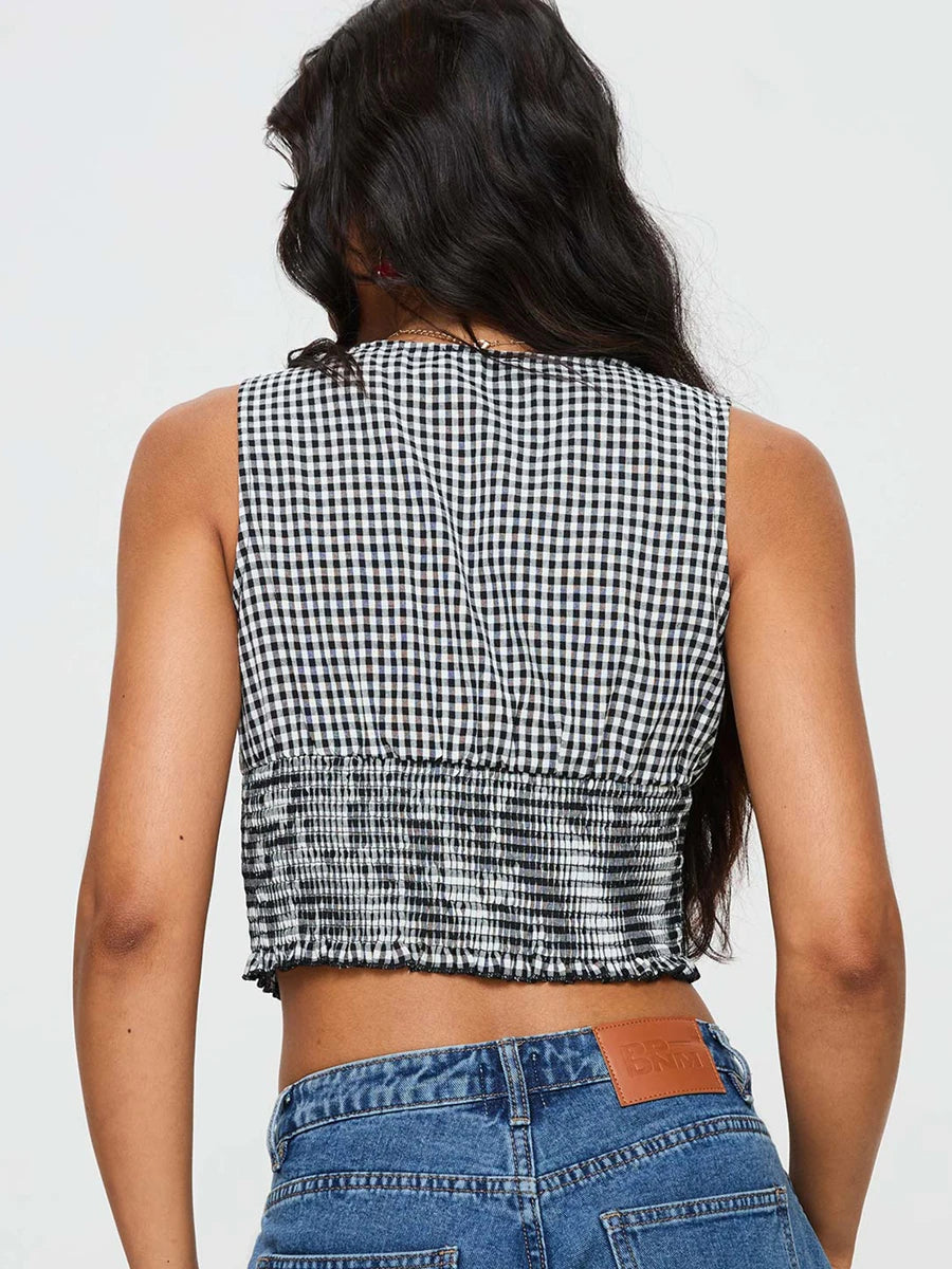Hira Y2k Gingham Sleeveless V Neck Tank Tops Vintage Plaid Bow Tie Top