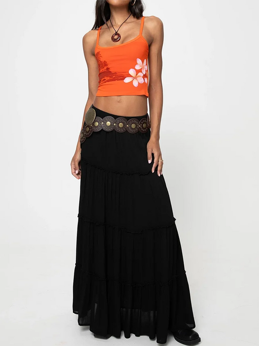 Orange Y2k Floral Cami Tank Top Strap Flower Crop Top