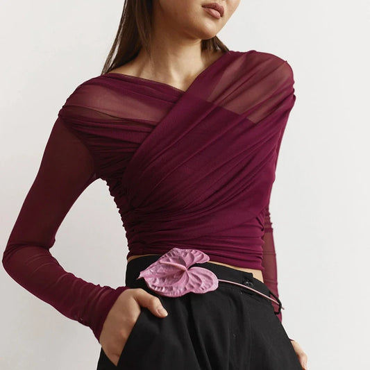 BG Cross Neck Crop Top Mesh
See-Through Pleated Long Sleeve
