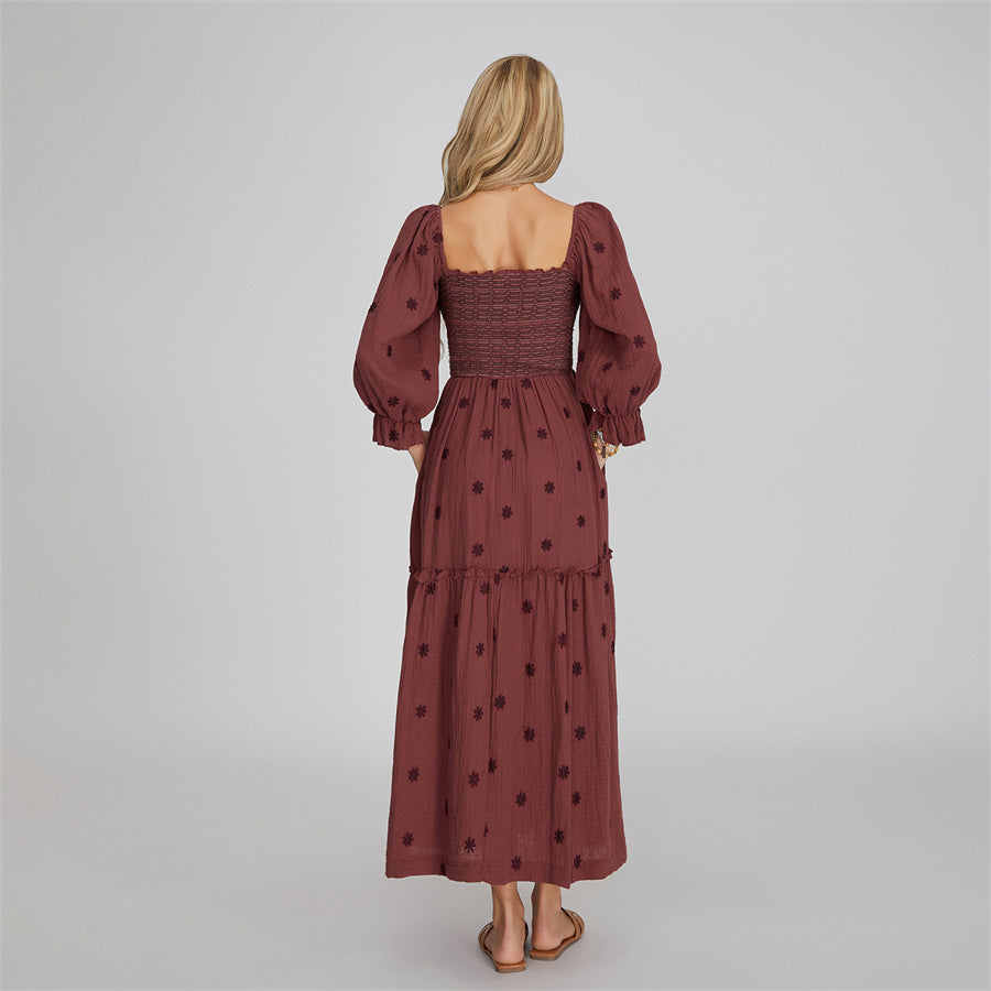 Tasha Retro Embroidered Flowers Flowy Long Puff Sleeve Square Neck Smocked A-Line Dress