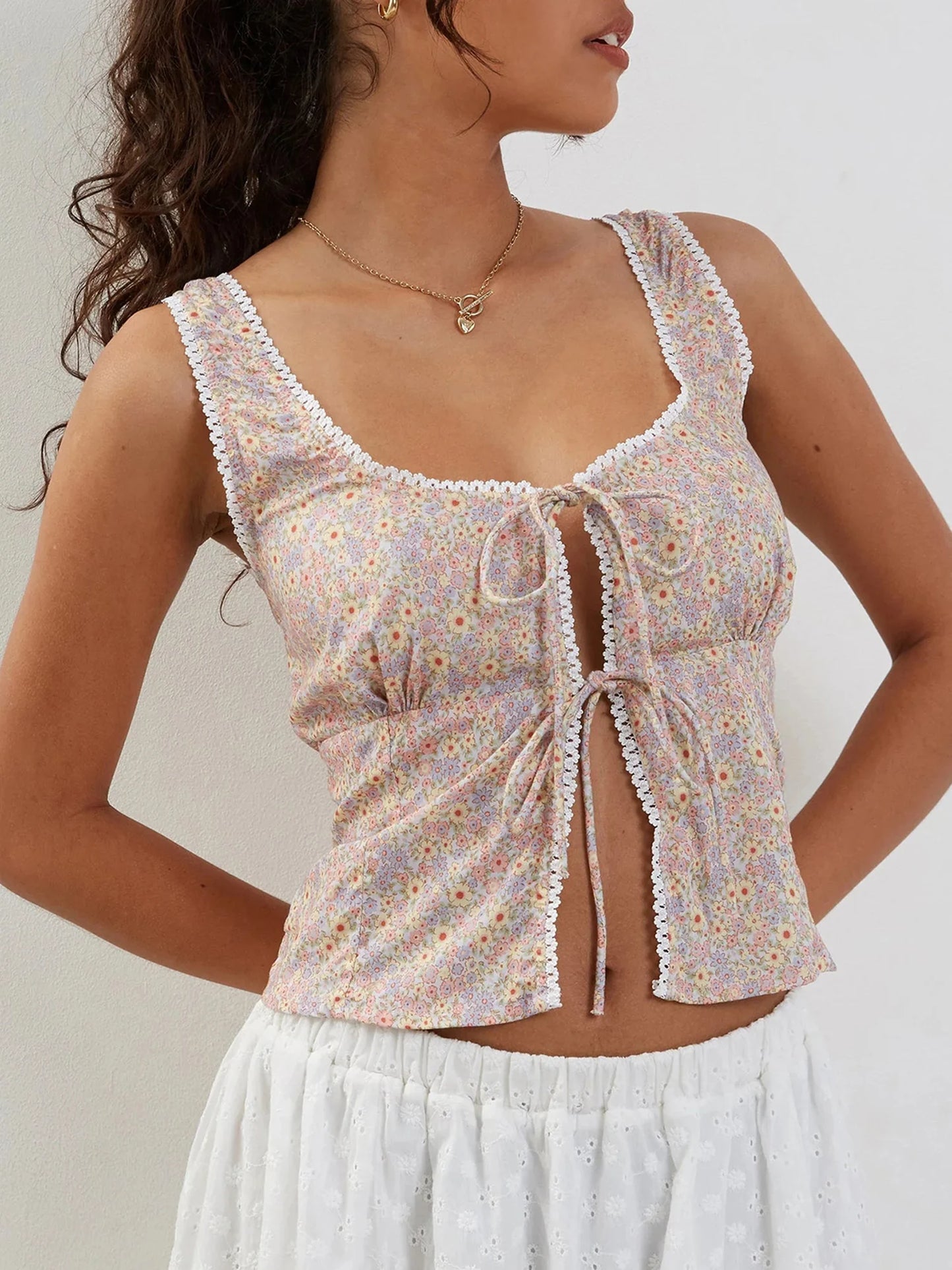 Mona BC Boho Halter Neck Sleeveless Floral Print Tie Front Cami Tank Crop Top
