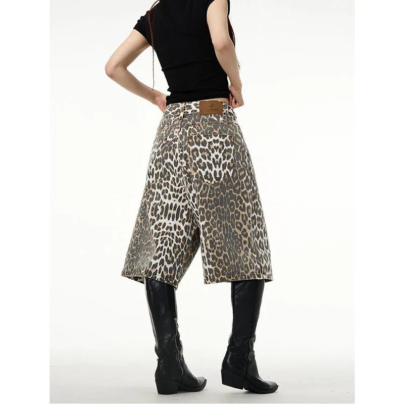 Leopard Print Shorts High Waist Jeans