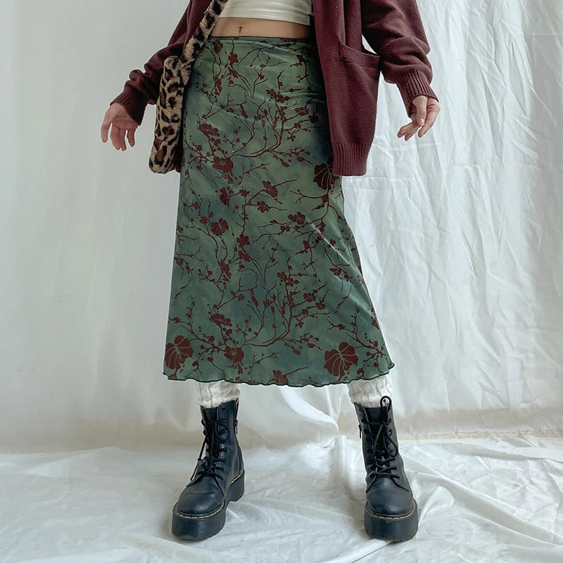 Suk y2k Vintage Floral Printing Midi Skirt