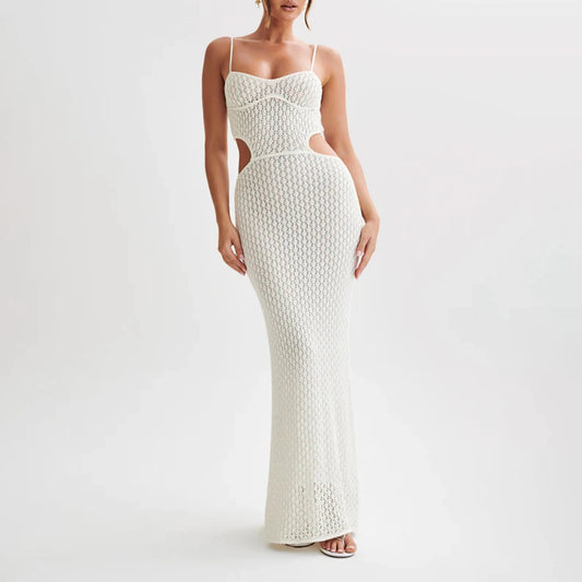Cyndy Crochet Strap Knit Cut Out Backless See-Through Maxi Dress