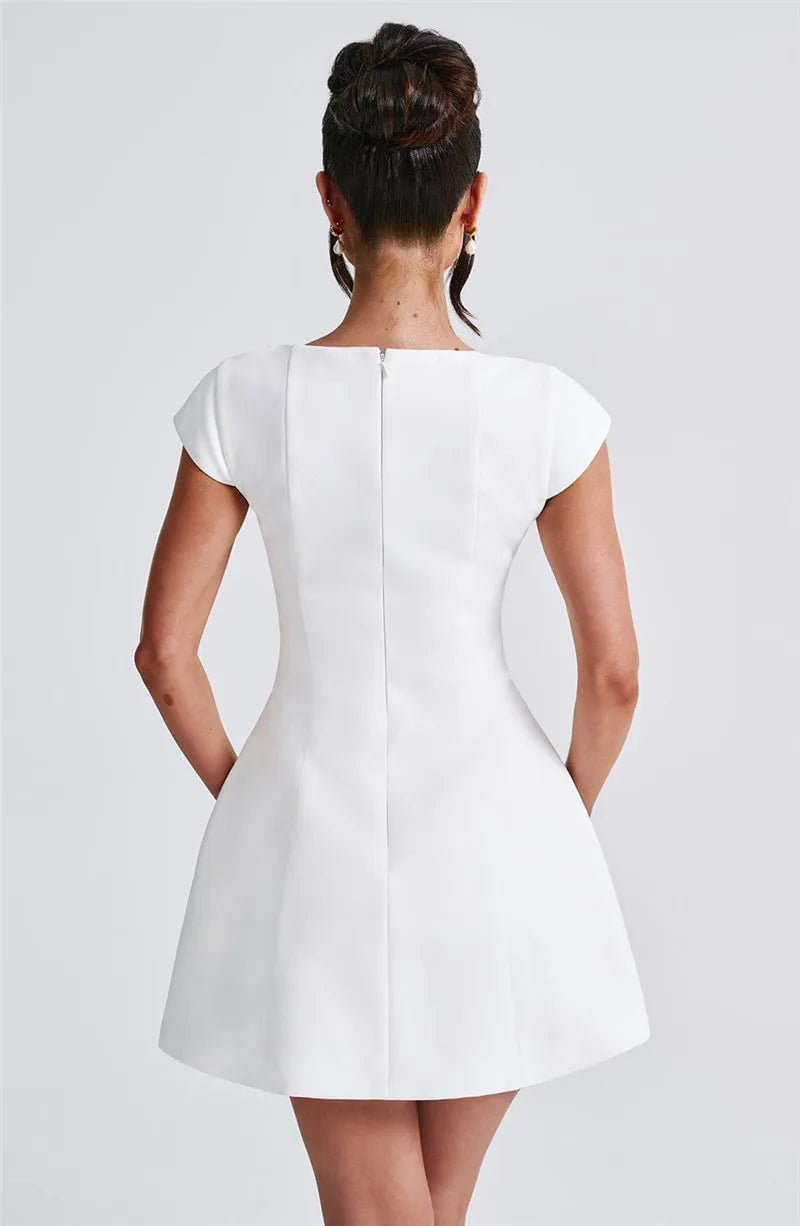Moz Square Collar Short Sleeve A-line Loose High Waist Elegant Mini Dress