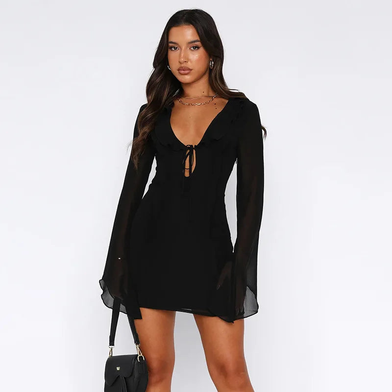 Reese Mesh Ruffle Long Sleeve Tie Up Deep V Neck Short Dress