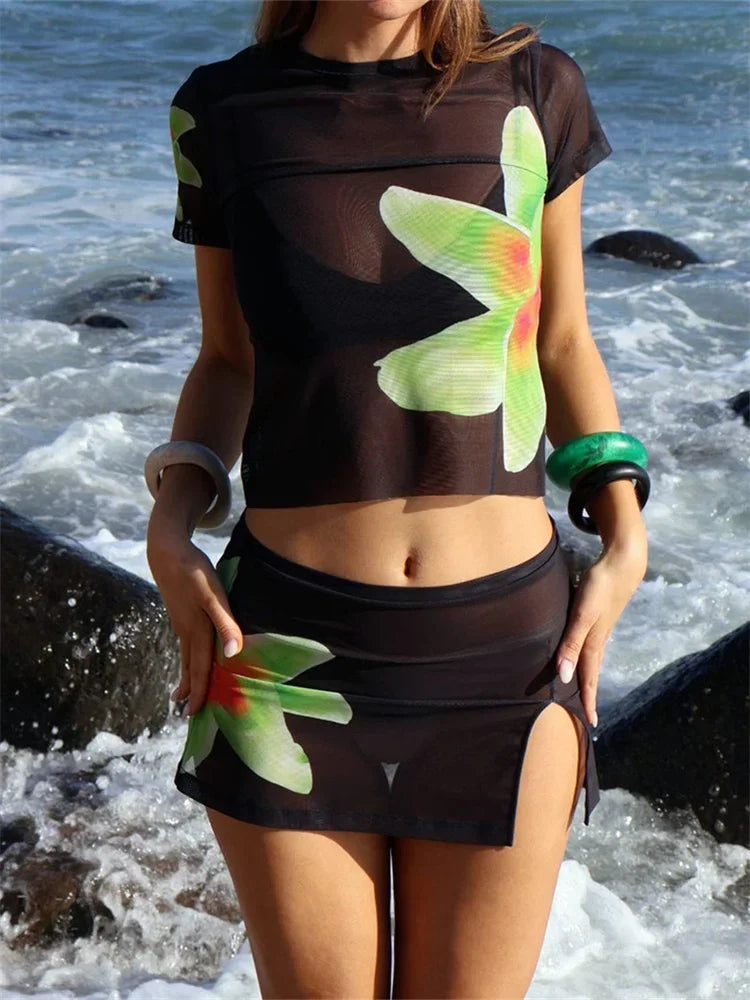 BC Mesh Print Set Skirt Sleeve T-shirt + Split Mini Skirts Y2K Aesthetic