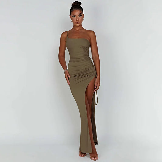 Rachel One Shoulder Strap Thigh High Split Maxi Long Dress