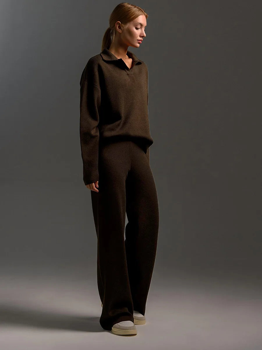 Bony Knitted Suits Soft Sets Polo Neck Sweater & Wide Leg Pants