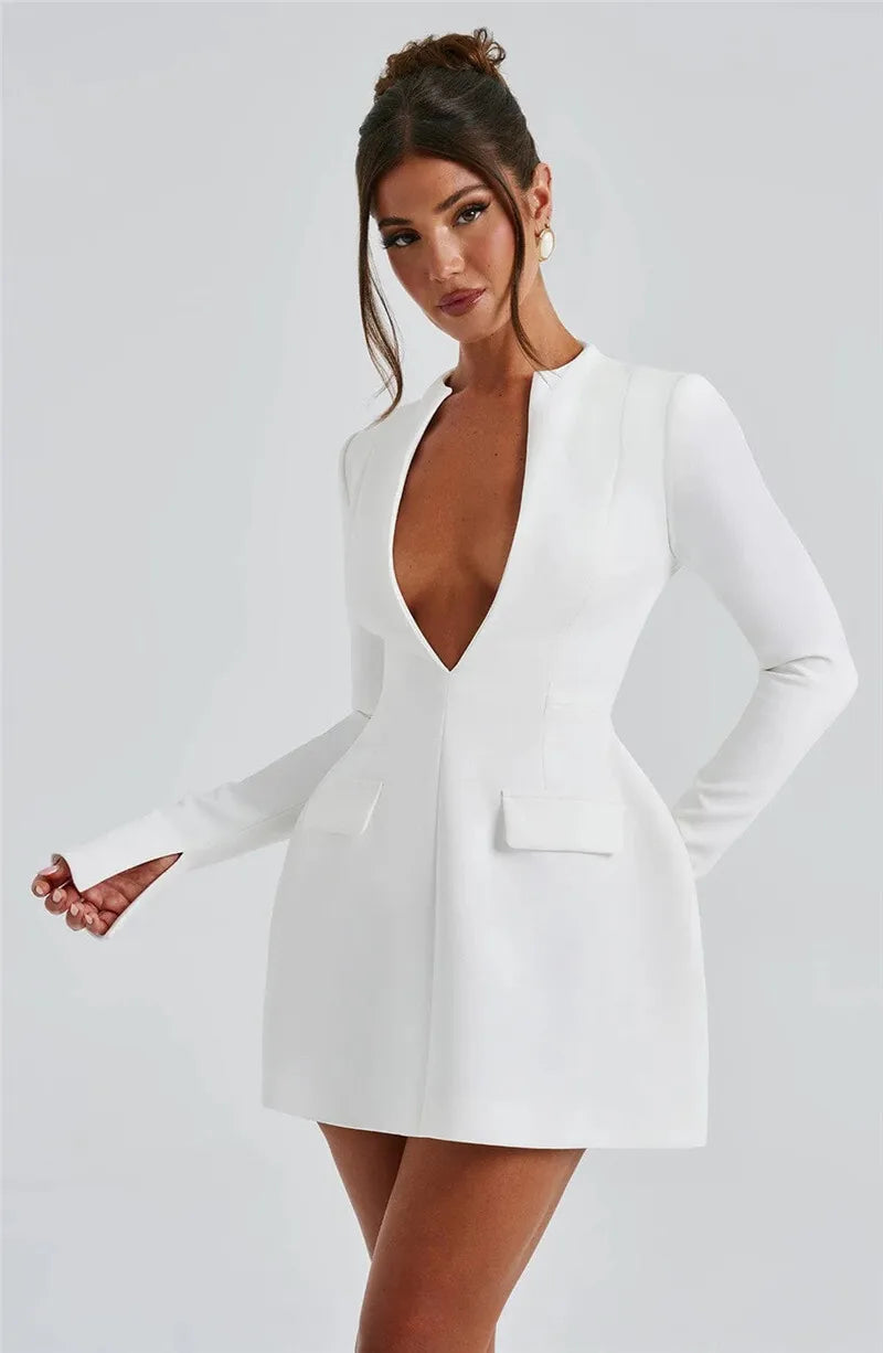 BC Deep V Neck Long Sleeve Two Pocket High Waist A-line Dress
