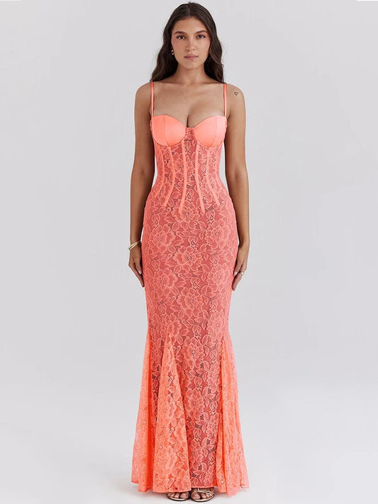 BC Floral Lace Strap Sleeveless Backless Long Dress