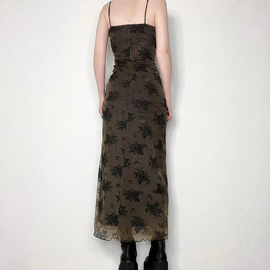 Lolita Floral Print Sleeveless Mesh Patchwork Dress